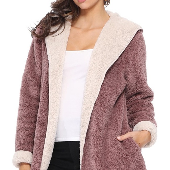 Mauve Teddy Sherpa Fleece Hood Cardigan Jacket - Picture 7 of 8